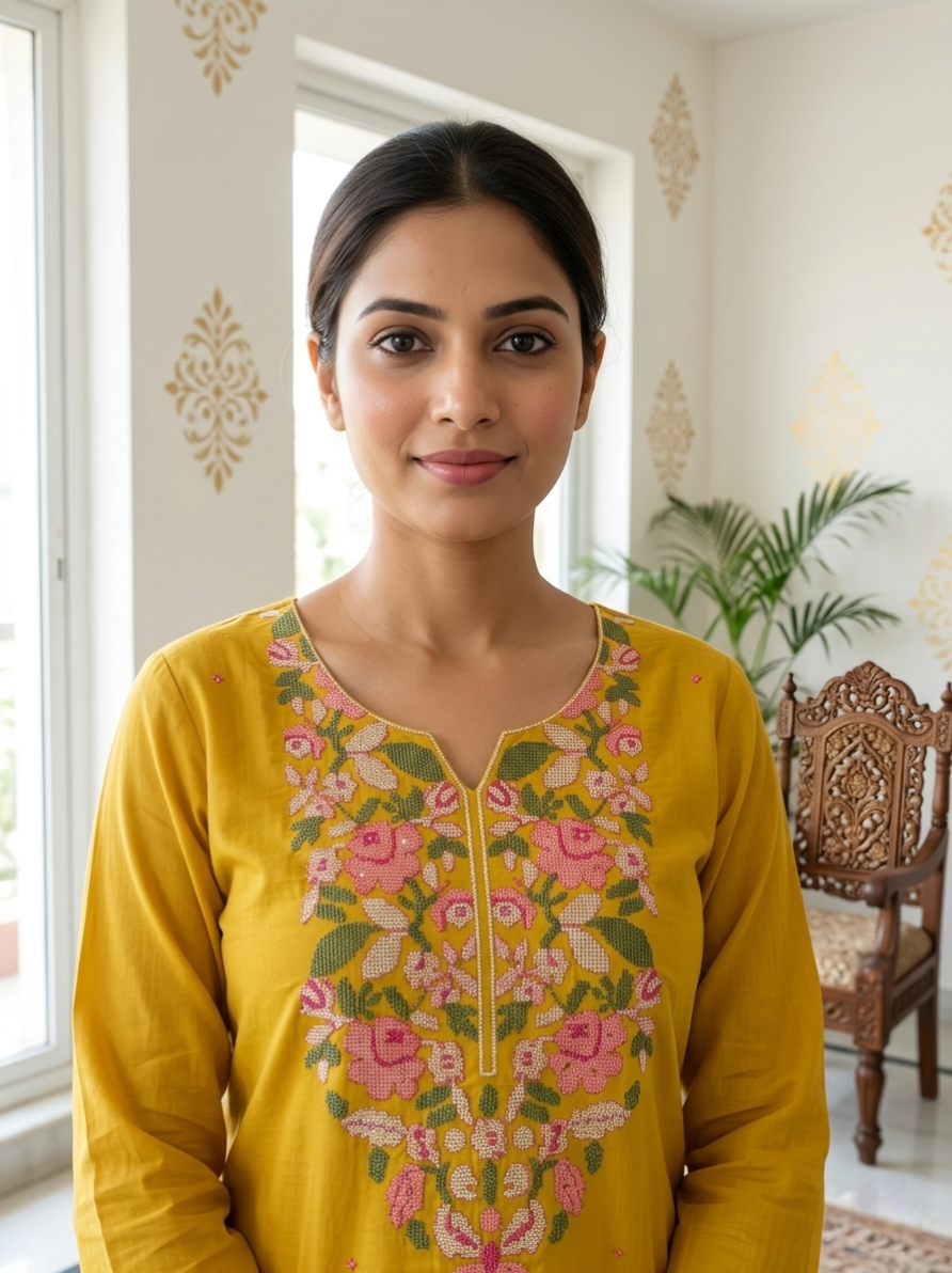 Women Mustard Yellow Floral Embroidery Cotton Kurta Palazzo Dupatta Set