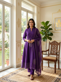 Women Purple Mirror Work Sequin Embroidery Cotton Kurta Pant Dupatta Set