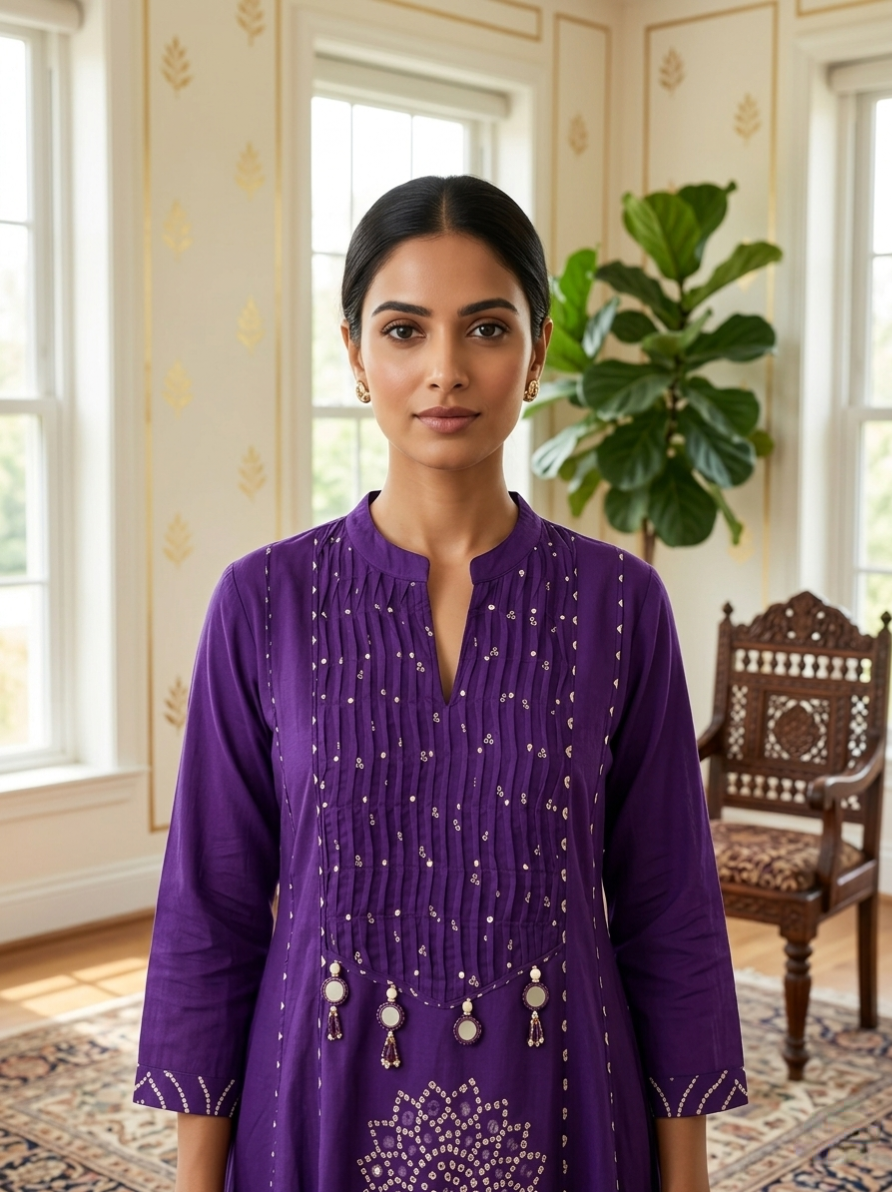 Women Purple Mirror Work Sequin Embroidery Cotton Kurta Pant Dupatta Set