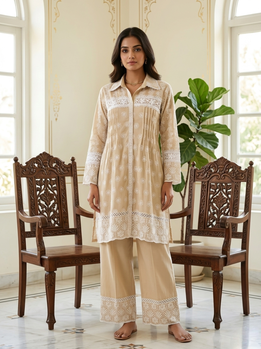Women Light Brown Chikankari Embroidery Crochet Lace Mul Cotton Kurta Palazzo Coord Set