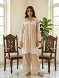 Women Light Brown Chikankari Embroidery Crochet Lace Mul Cotton Kurta Palazzo Coord Set