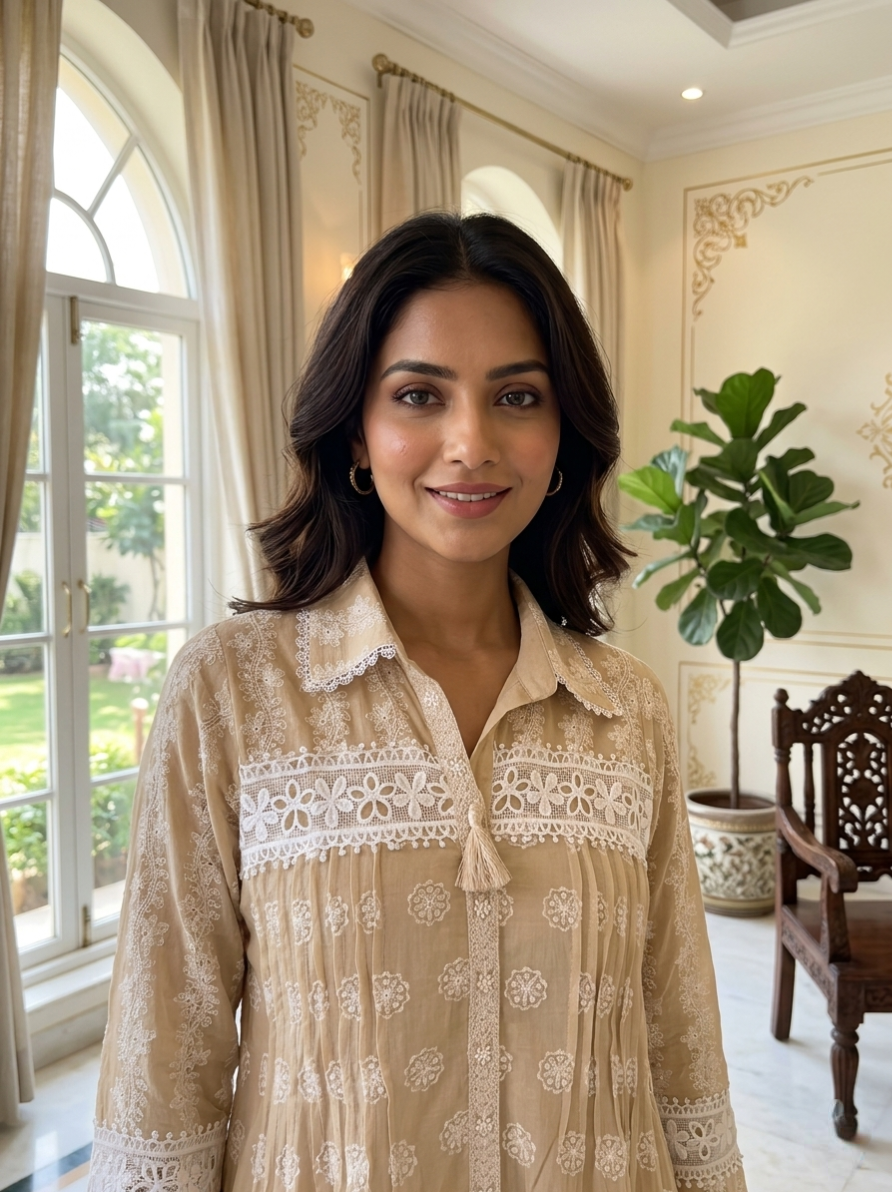 Women Light Brown Chikankari Embroidery Crochet Lace Mul Cotton Kurta Palazzo Coord Set