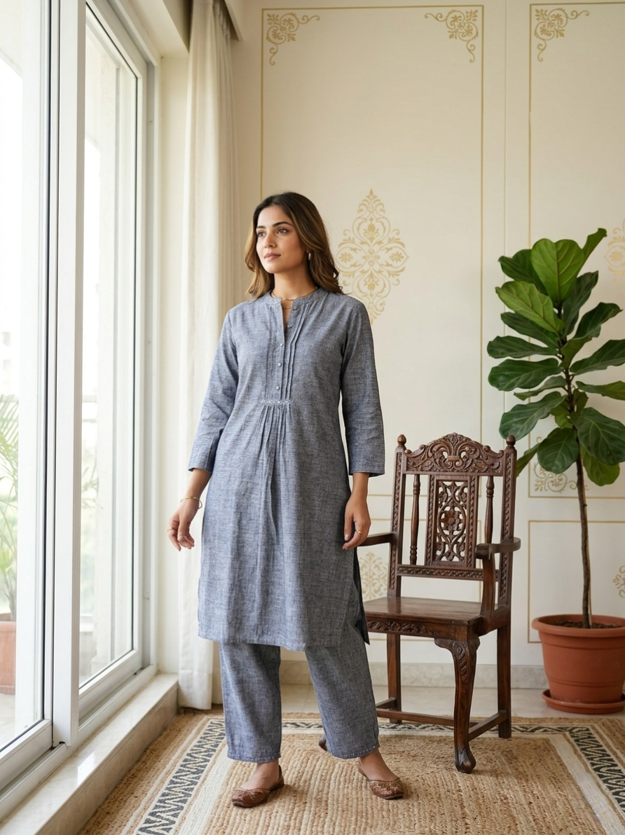 Women Grey Pintuck Pleats Lurex Woven Cotton Coord Set