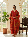 Women Red Floral Print Lace Border Cotton Kurta Palazzo Dupatta Set