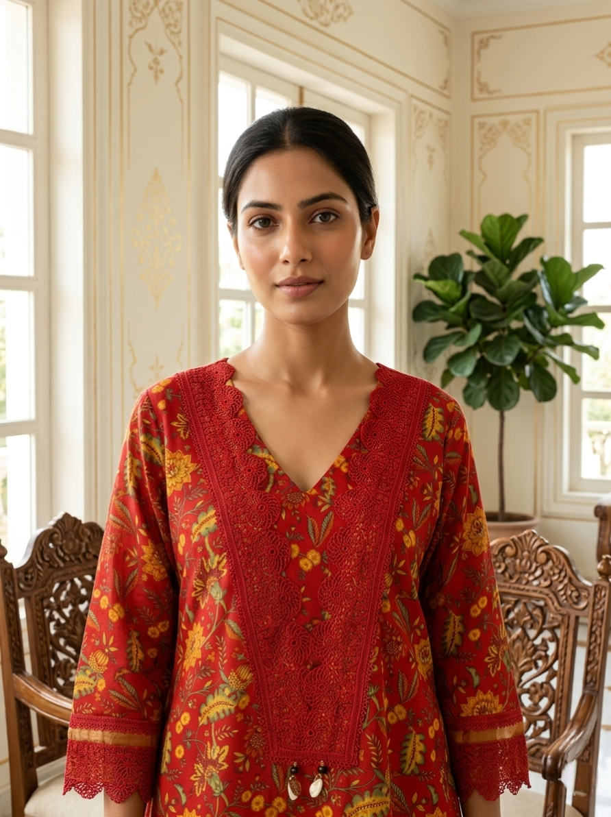 Women Red Floral Print Lace Border Cotton Kurta Palazzo Dupatta Set
