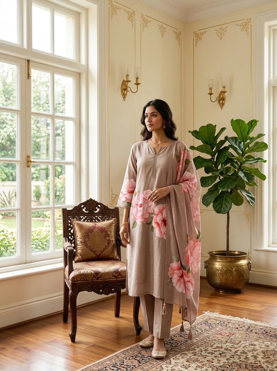 Women Light Brown Pink Floral Print Lace Border Cotton Linen Kurta Pant Dupatta Set