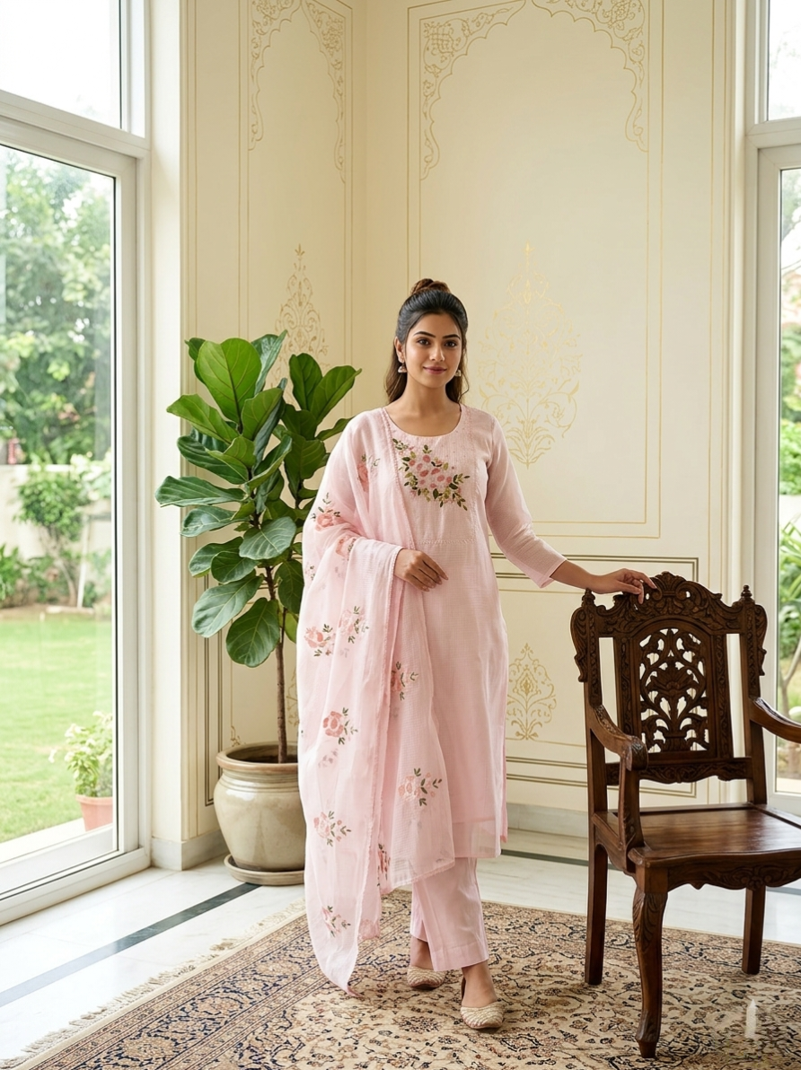 Women Pink Beads Work Thread Embroidery Kota Cotton Kurta Pant Dupatta Set