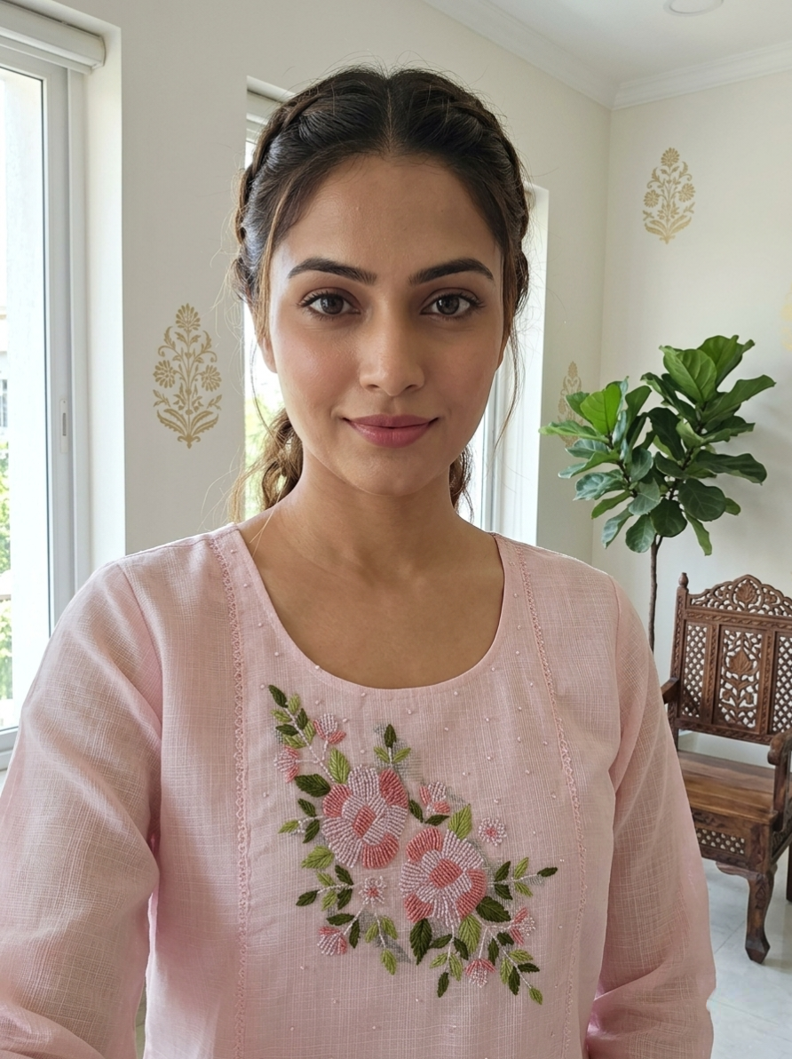 Women Pink Beads Work Thread Embroidery Kota Cotton Kurta Pant Dupatta Set