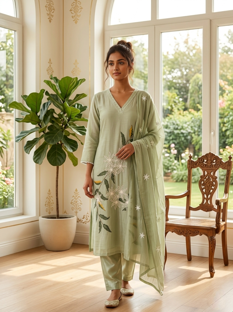 Women Sage Green Floral Embroidery Mul Cotton Kurta Pant Dupatta Set