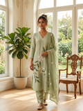 Women Sage Green Floral Embroidery Mul Cotton Kurta Pant Dupatta Set