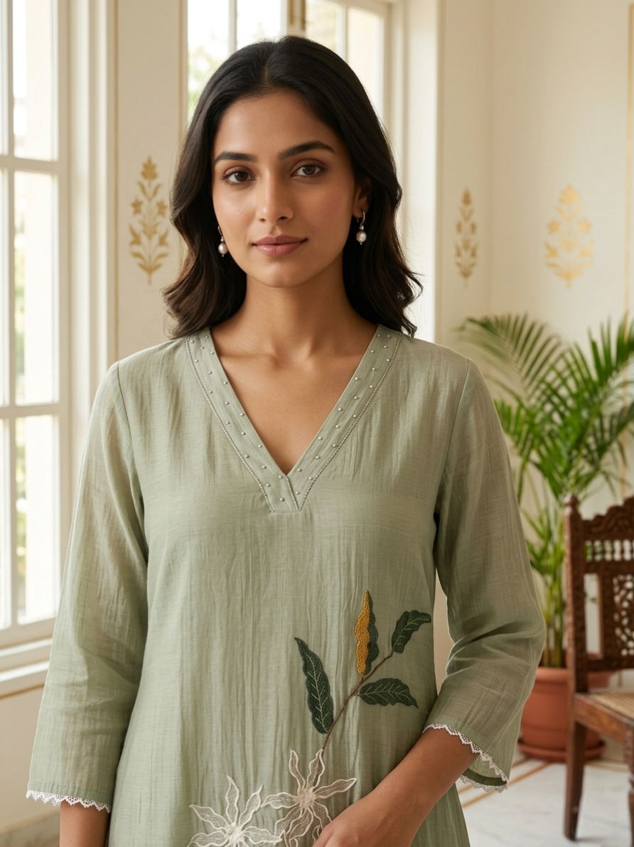 Women Sage Green Floral Embroidery Mul Cotton Kurta Pant Dupatta Set