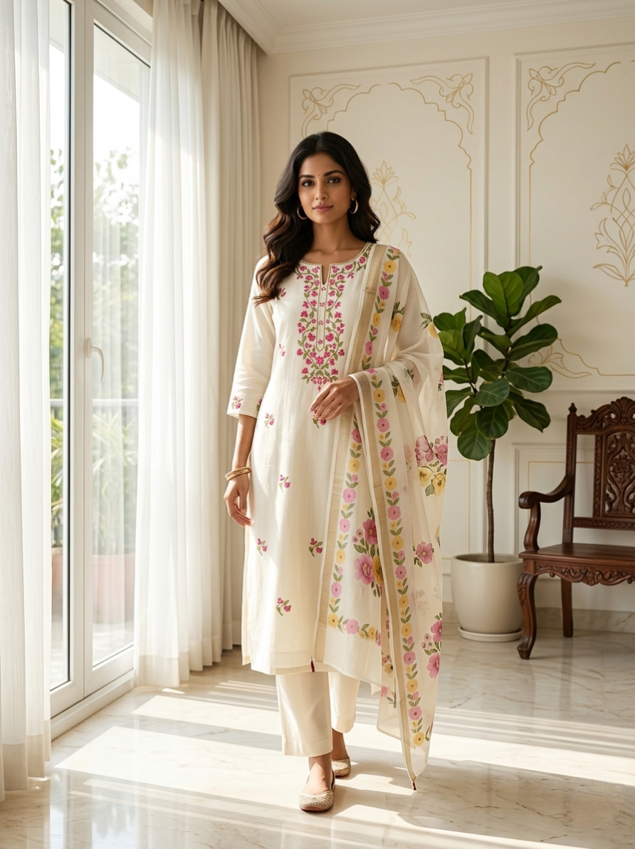 Women Off White Floral Thread Embroidery Cotton Linen Kurta Pant Dupatta Set