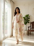 Women Off White Floral Thread Embroidery Cotton Linen Kurta Pant Dupatta Set