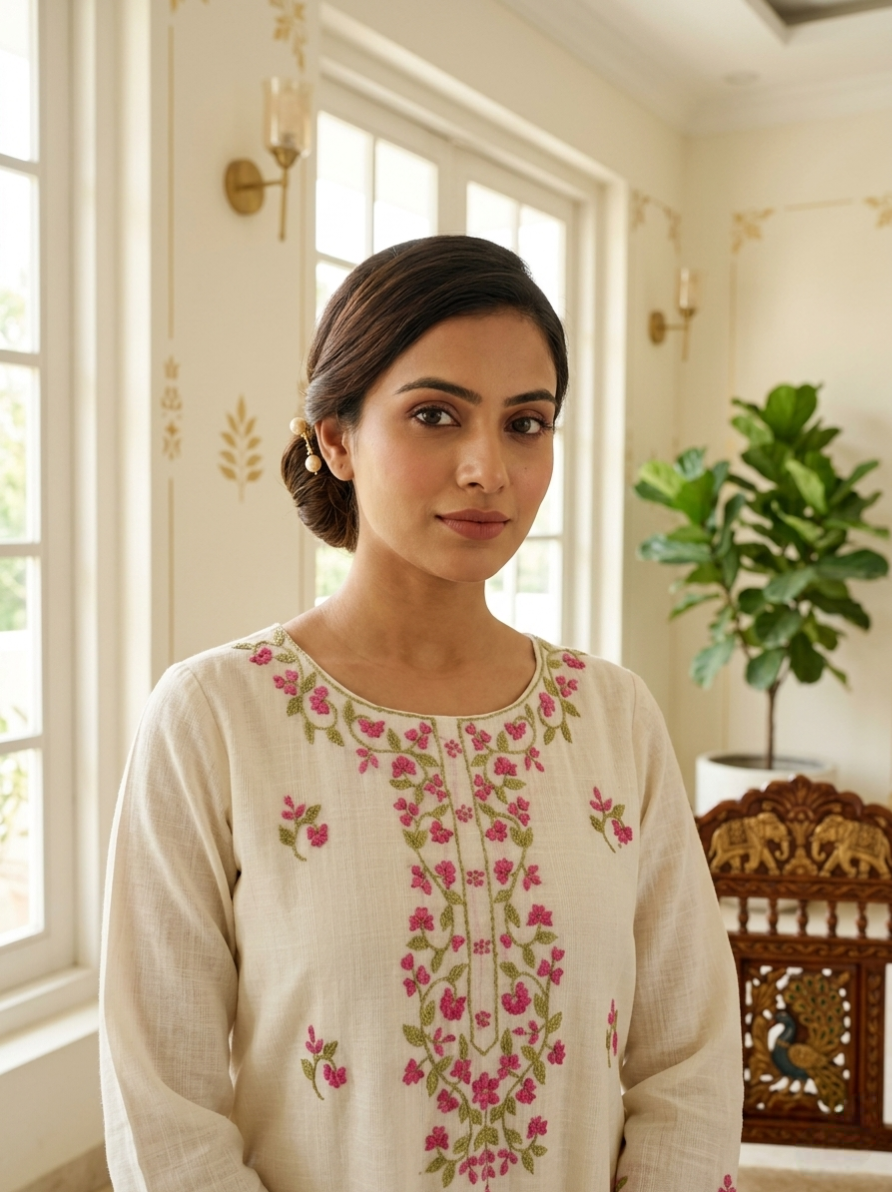 Women Off White Floral Thread Embroidery Cotton Linen Kurta Pant Dupatta Set