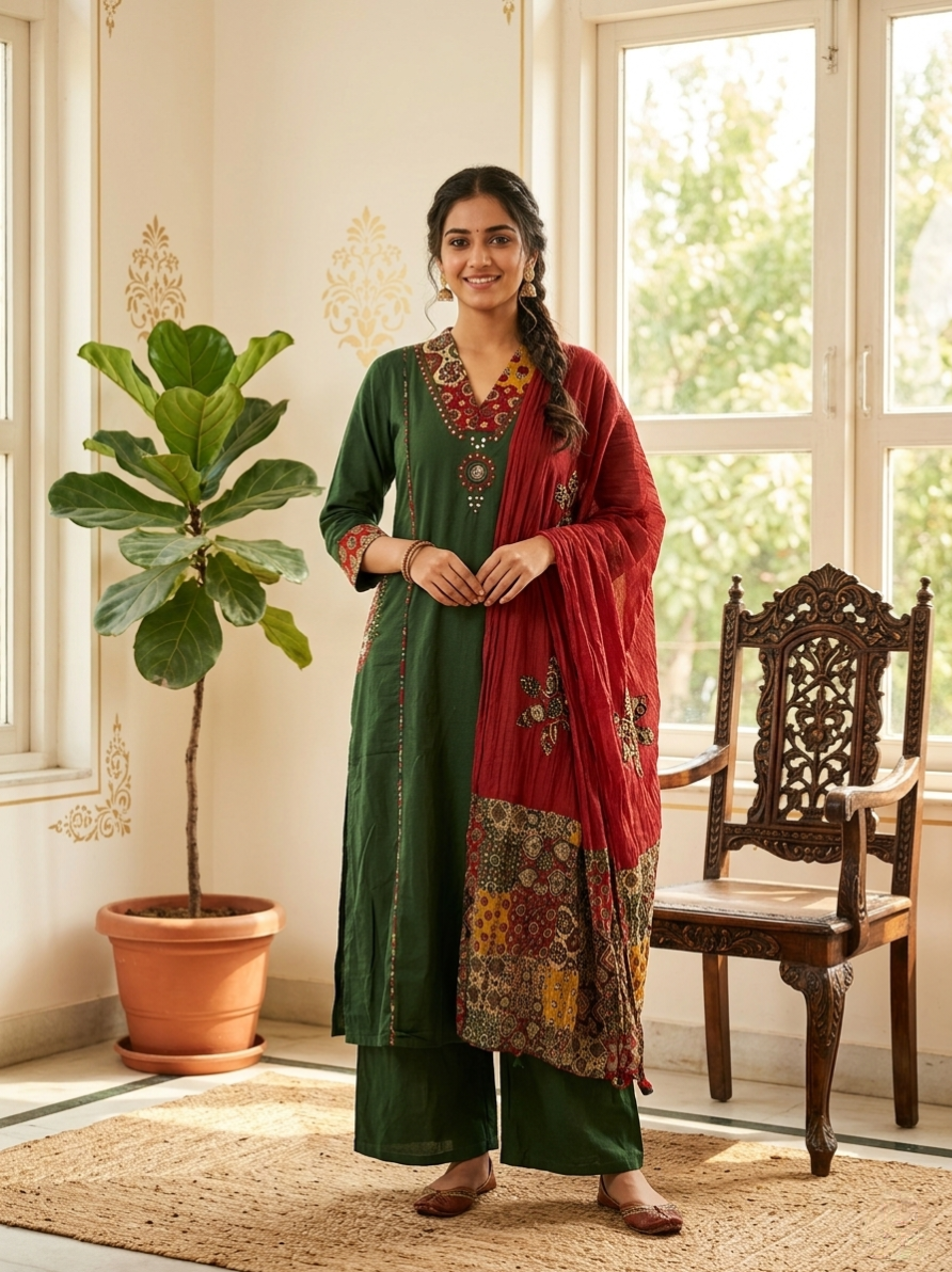 Women Mehandi Green Mirror Work Ajrakh Border Cotton Kurta Palazzo Dupatta Set