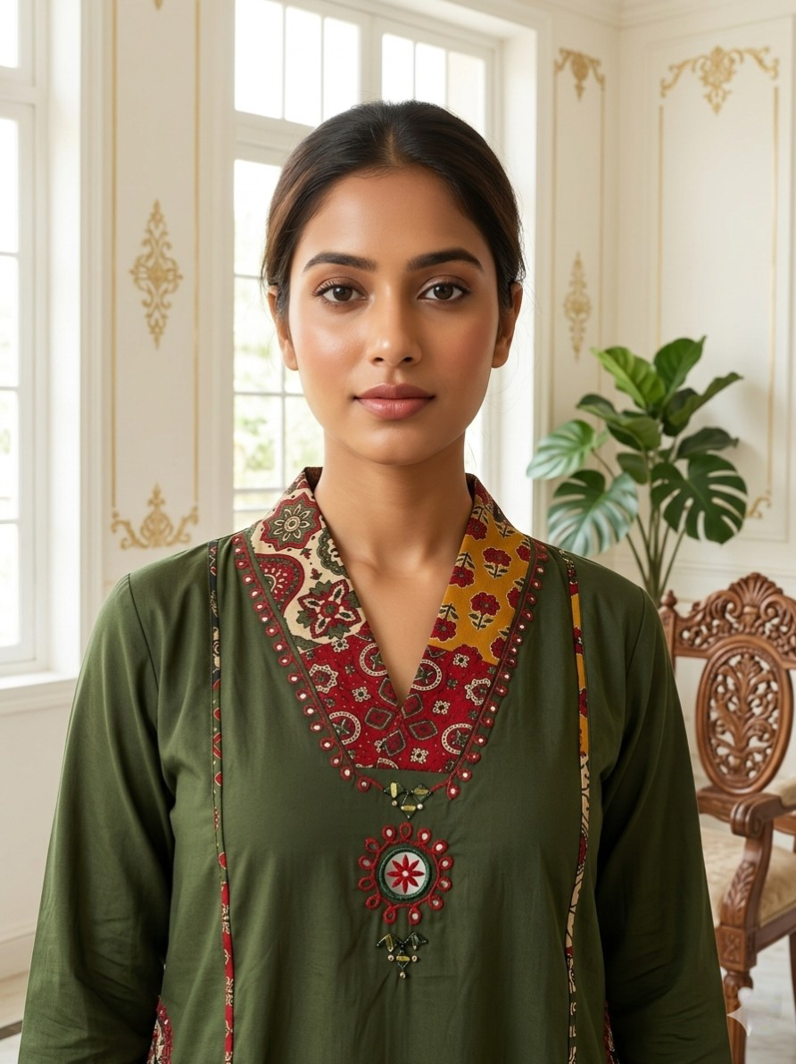 Women Mehandi Green Mirror Work Ajrakh Border Cotton Kurta Palazzo Dupatta Set