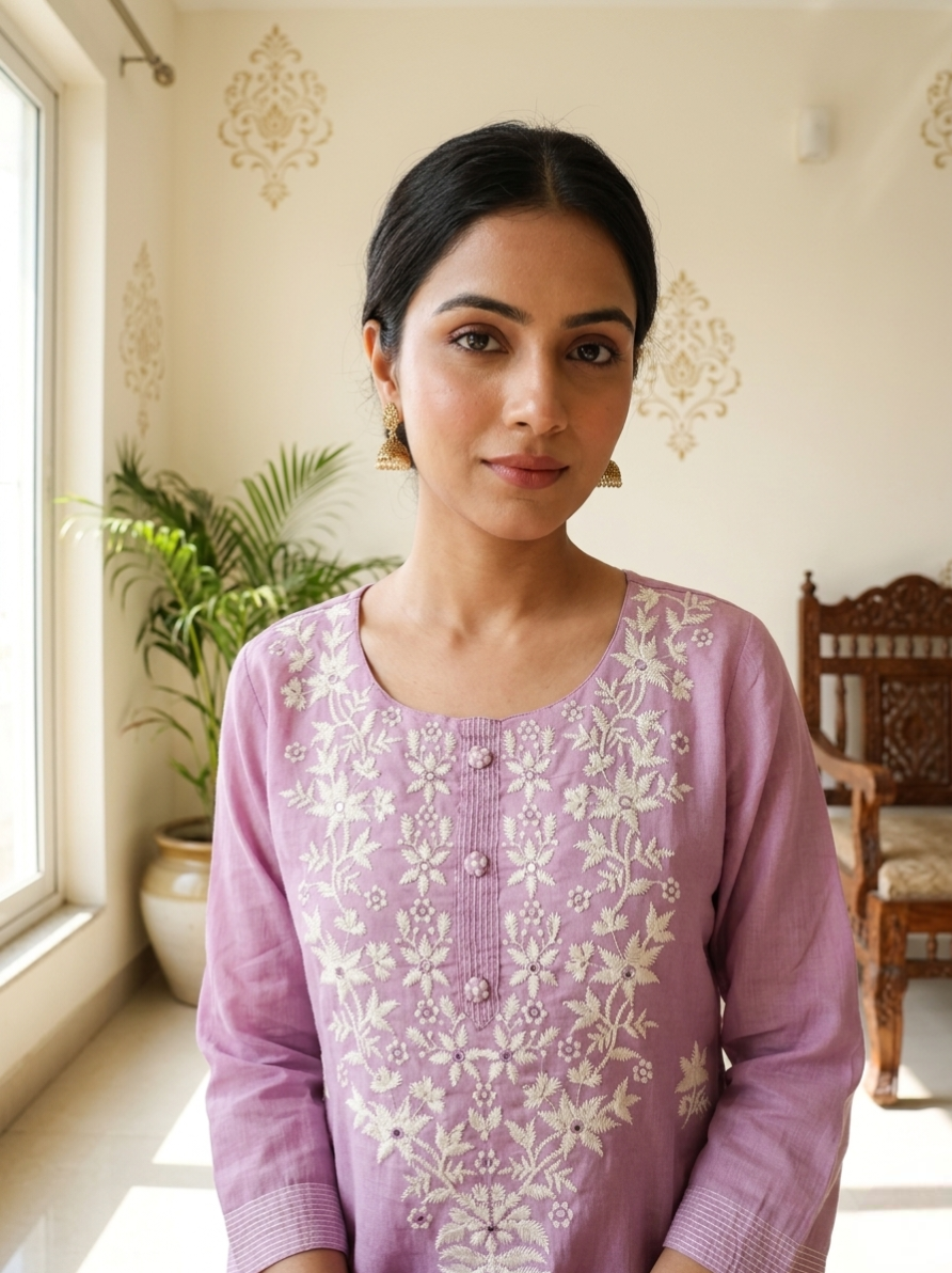 Women Wine Floral Thread Embroidery Mul Cotton Kurta Pant Dupatta Set