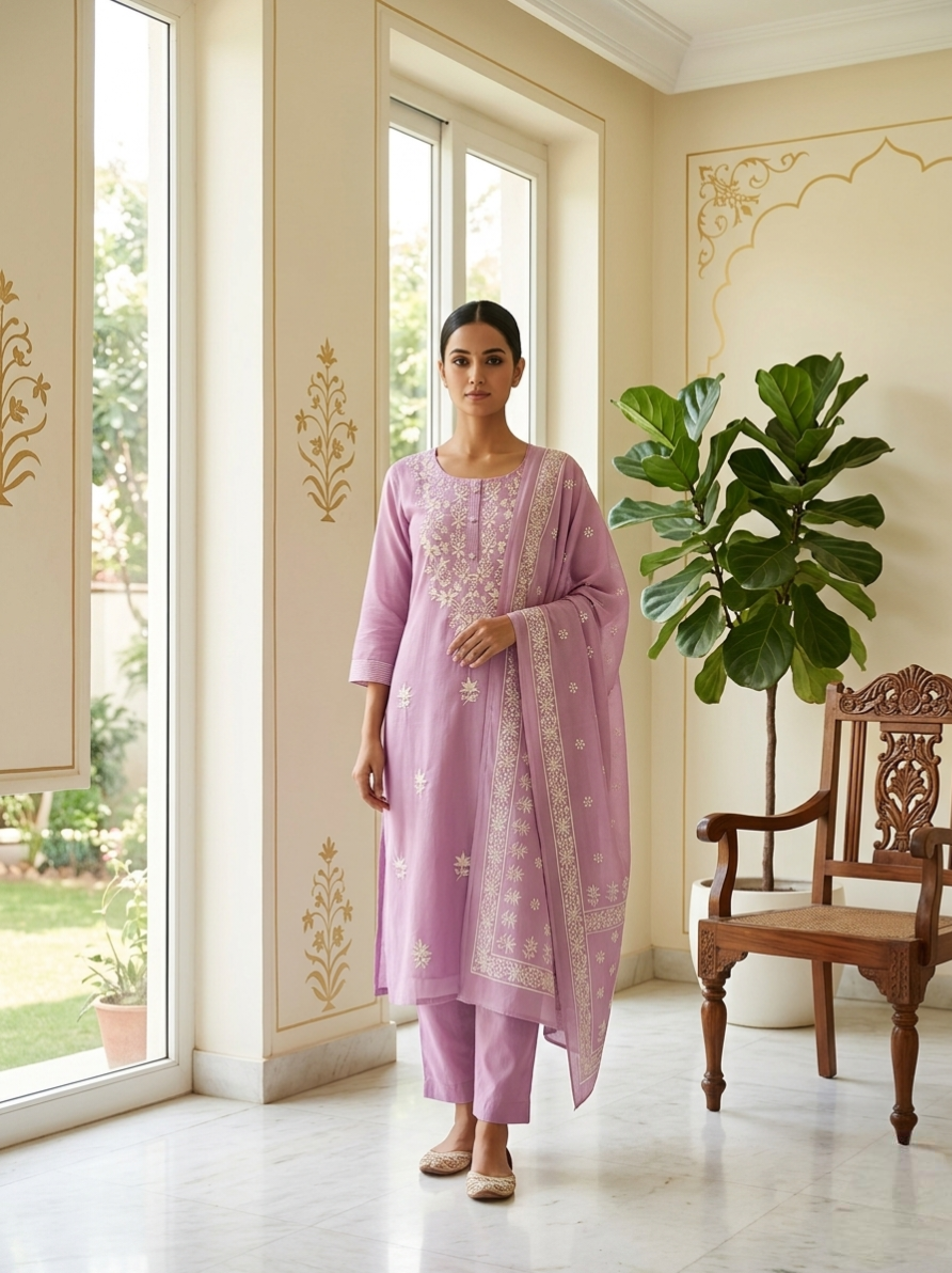 Women Wine Floral Thread Embroidery Mul Cotton Kurta Pant Dupatta Set