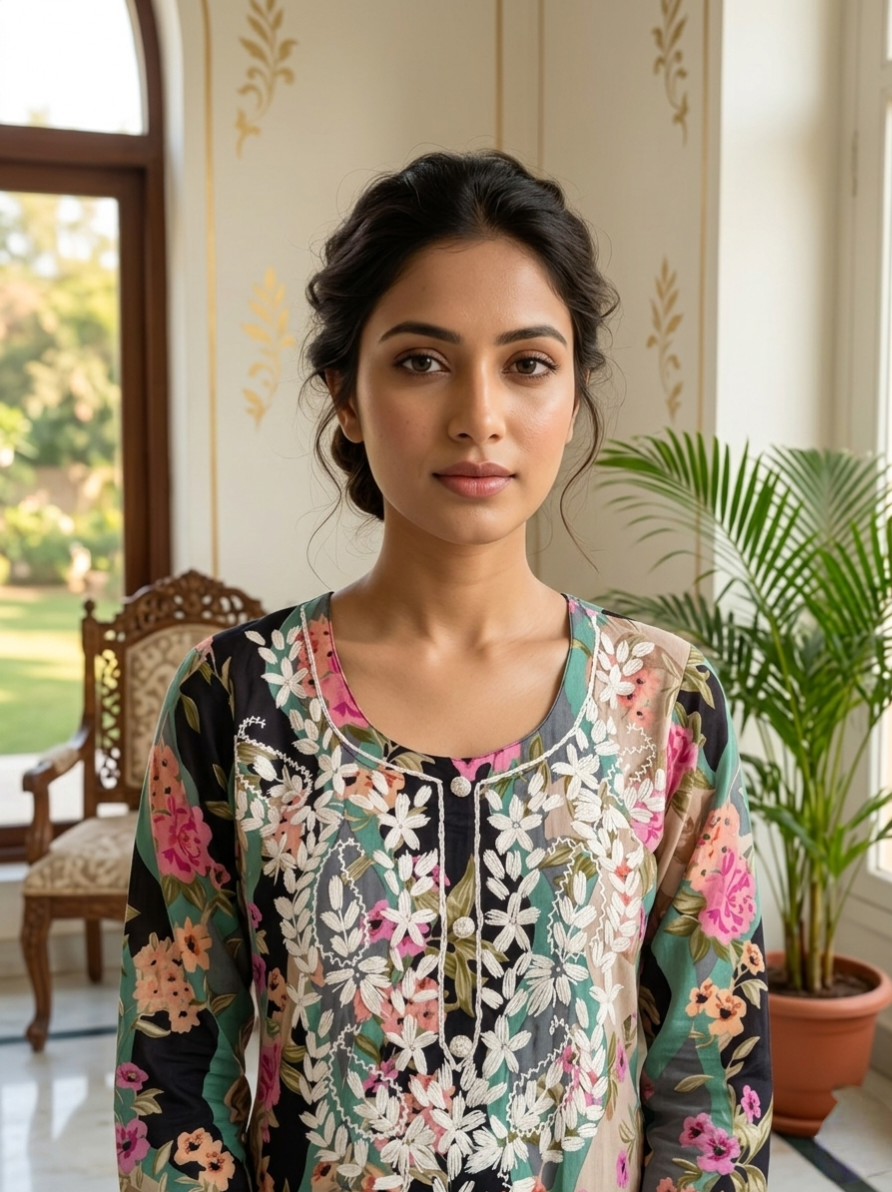 Women Multicolor Floral Print Thread Embroidery Cotton Kurta Pant Dupatta Set