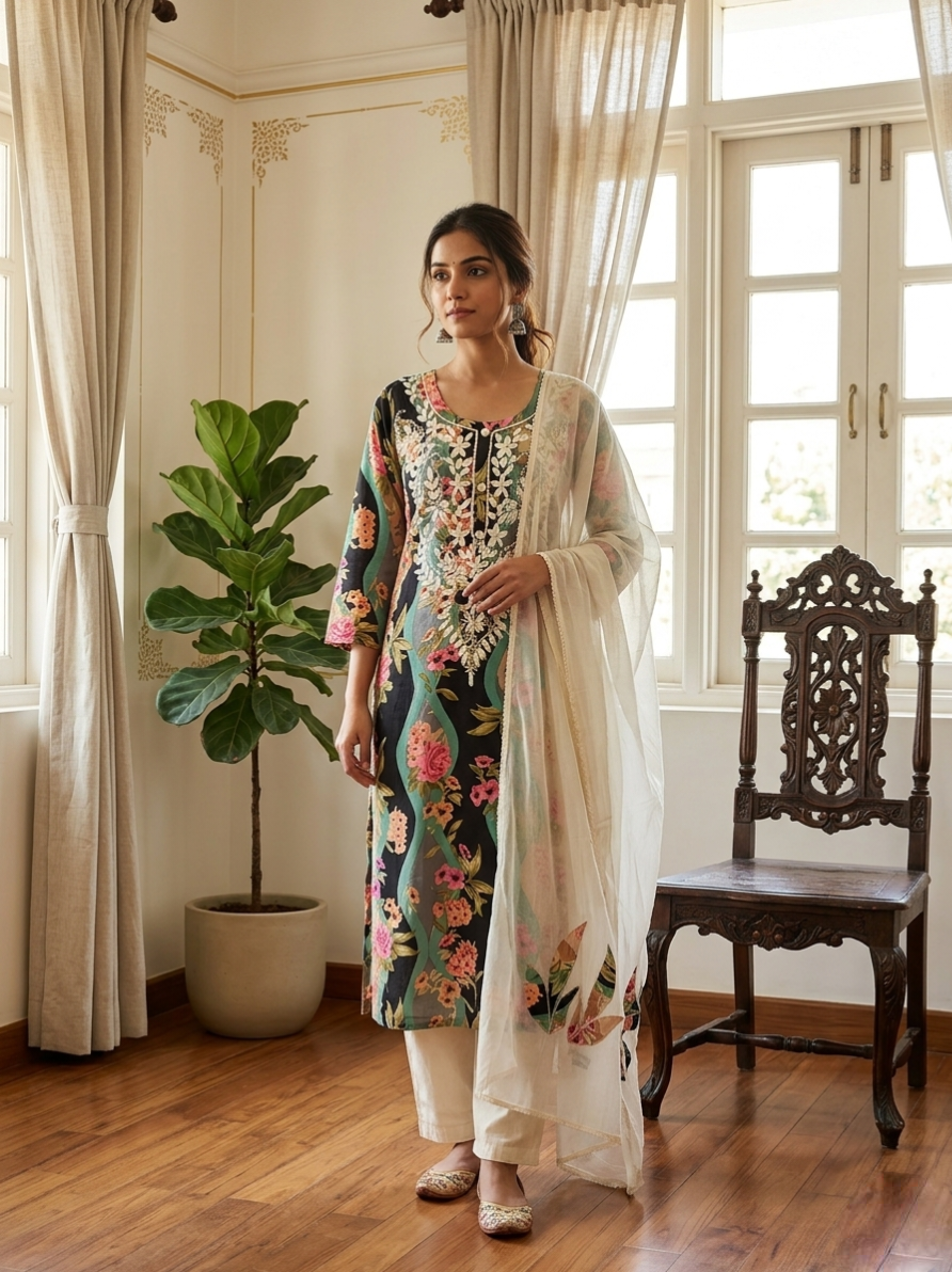 Women Multicolor Floral Print Thread Embroidery Cotton Kurta Pant Dupatta Set