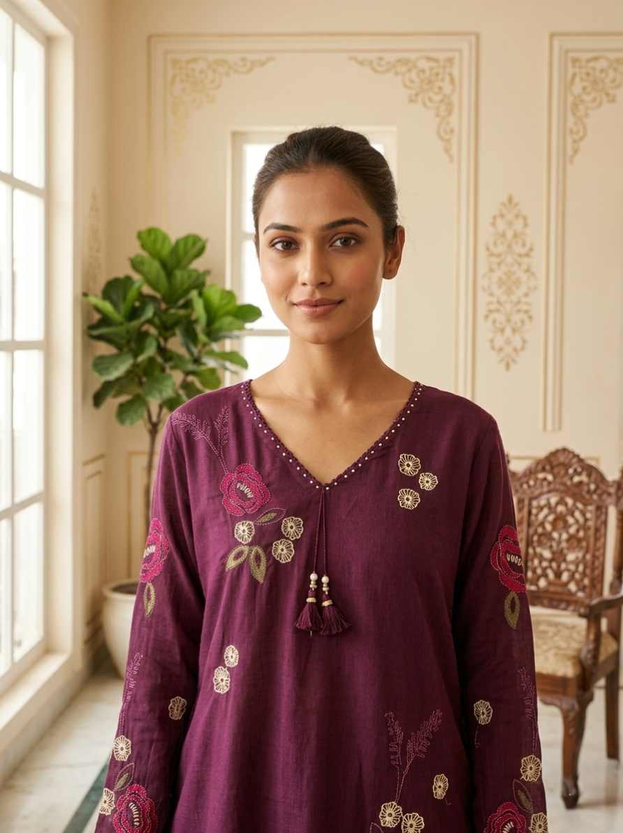 Women Purple Floral Thread Embroidery Mul Cotton Kurta Pant Dupatta Set