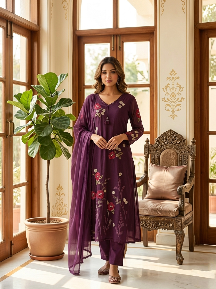 Women Purple Floral Thread Embroidery Mul Cotton Kurta Pant Dupatta Set