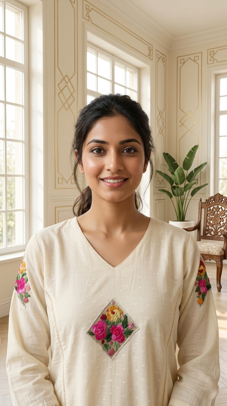 Women Beige Diamond Floral Thread Embroidery Mul Cotton Kurta Pant Dupatta Set