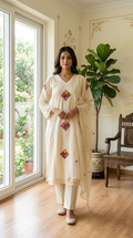 Women Beige Diamond Floral Thread Embroidery Mul Cotton Kurta Pant Dupatta Set