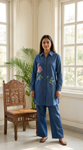 Women Navy Blue Rose Cross Stitch Embroidery Denim Cotton Coord Set