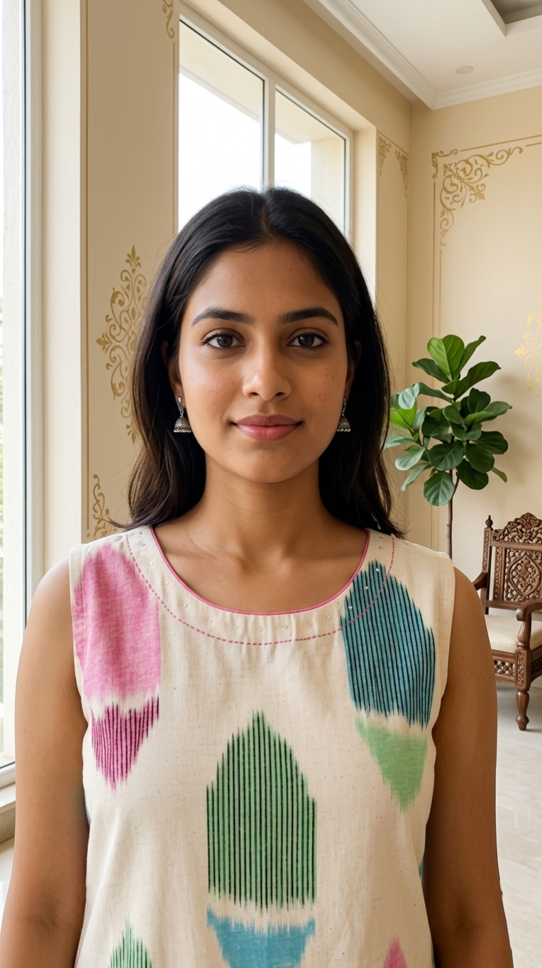 Women Off White Ikat Print Sleeveless Cotton Kurta Pant Set