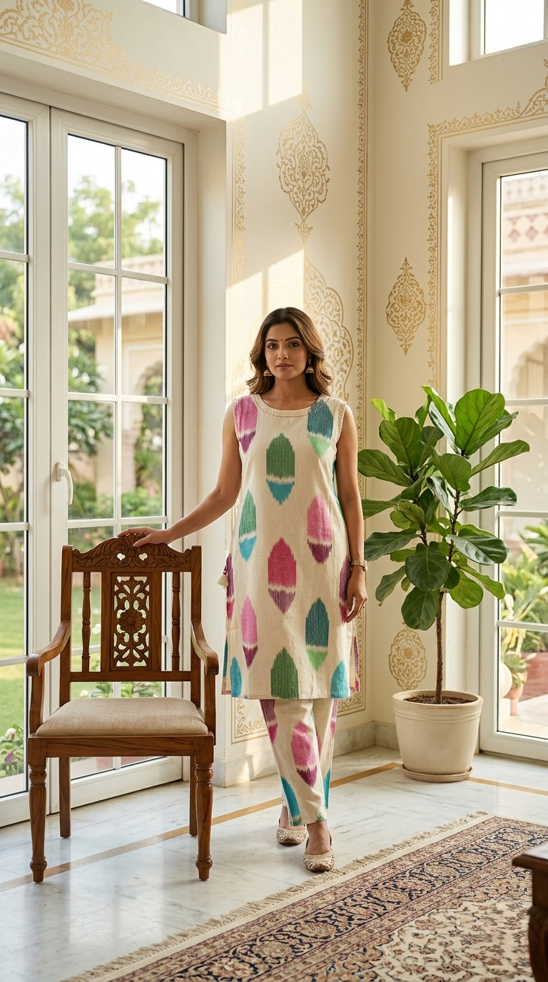 Women Off White Ikat Print Sleeveless Cotton Kurta Pant Set