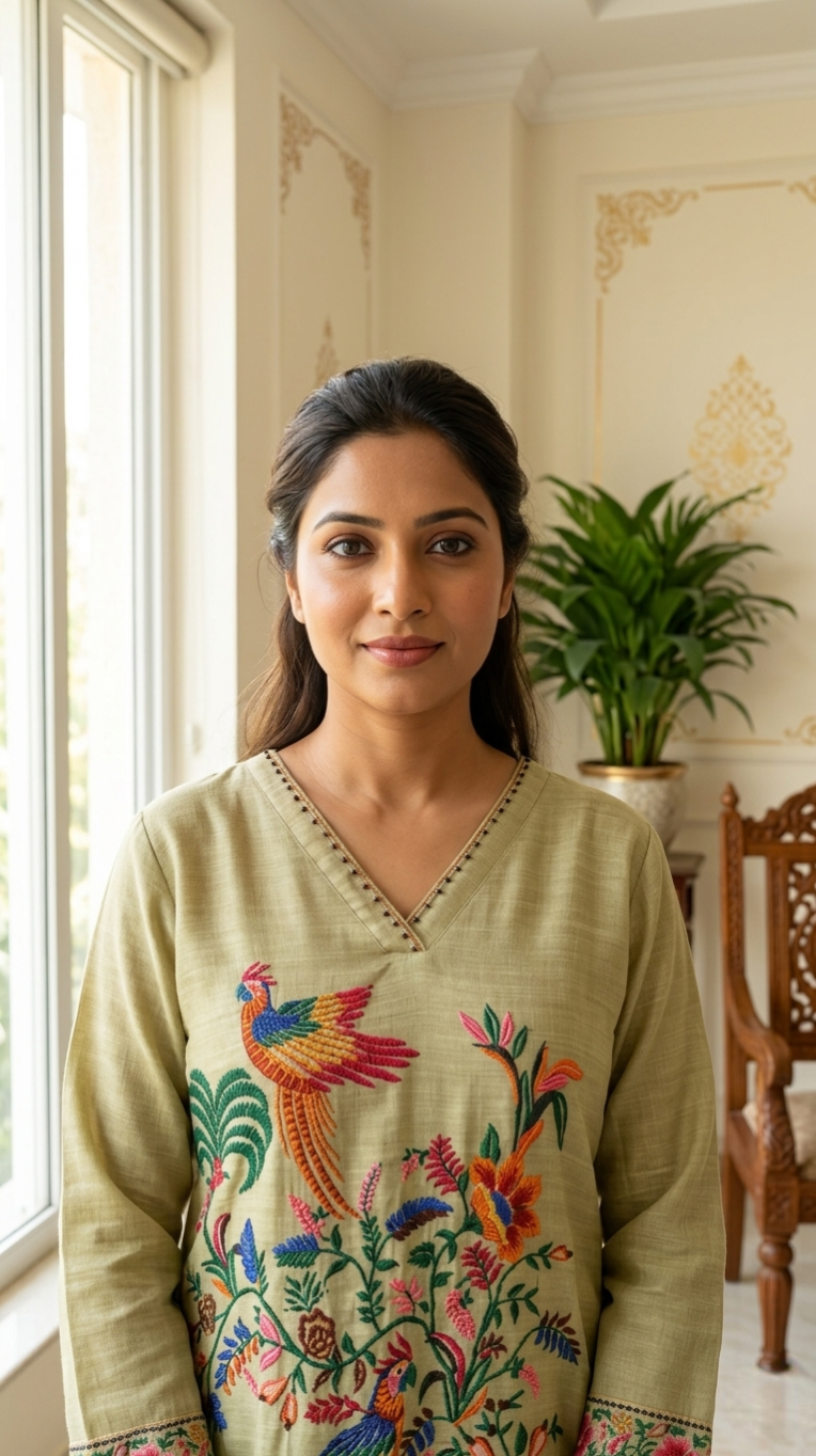 Women Olive Green Kantha Stitch Peacock Embroidery Cotton Linen Kurta Pant Dupatta Set