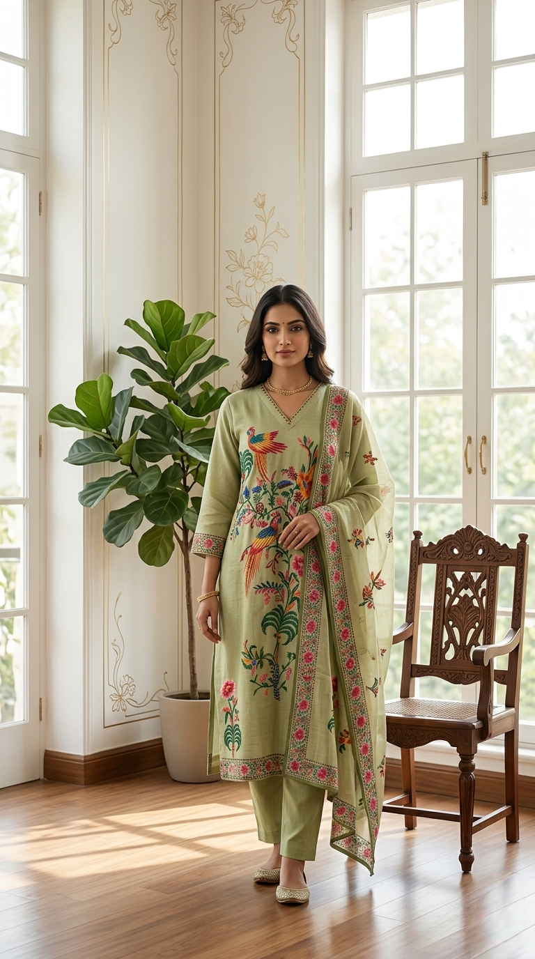 Women Olive Green Kantha Stitch Peacock Embroidery Cotton Linen Kurta Pant Dupatta Set