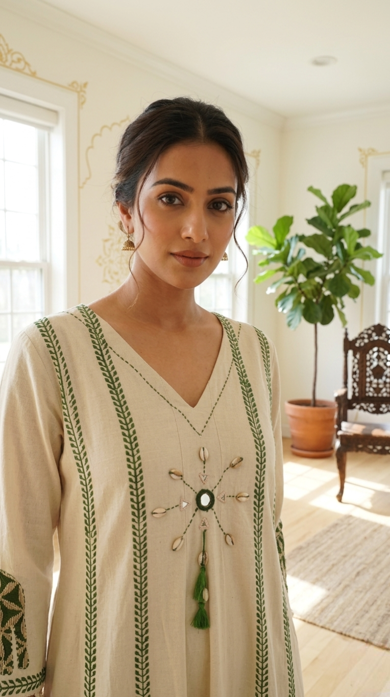 Women Beige Block Print Mirror Shell Embroidery Cotton Kurta Palazzo Dupatta Set