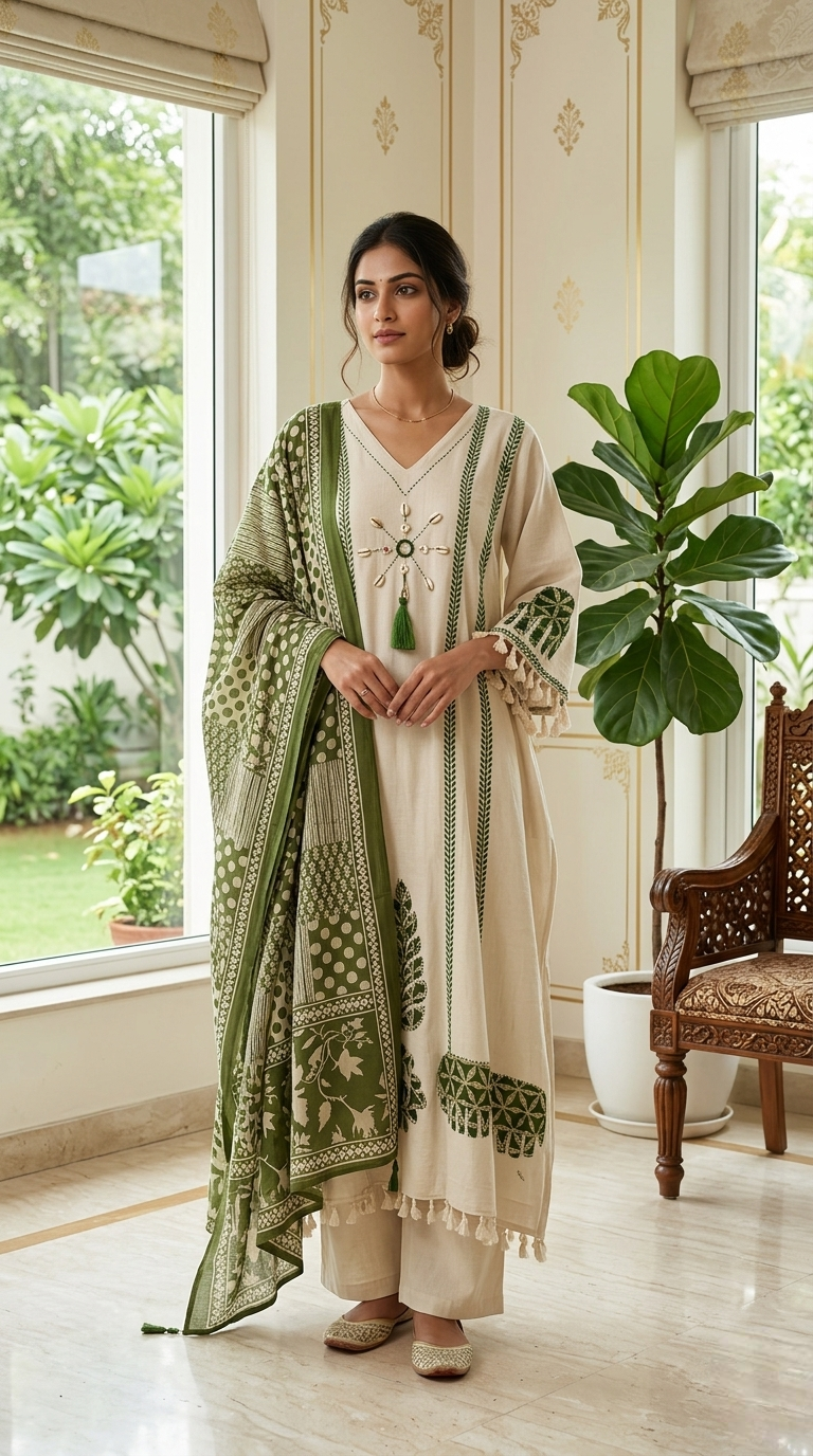 Women Beige Block Print Mirror Shell Embroidery Cotton Kurta Palazzo Dupatta Set