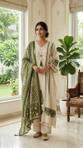 Women Beige Block Print Mirror Shell Embroidery Cotton Kurta Palazzo Dupatta Set