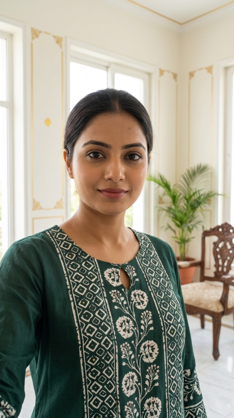Women Bottle Green White Block Print Floral Medallion Cotton Kurta Pant Dupatta Set