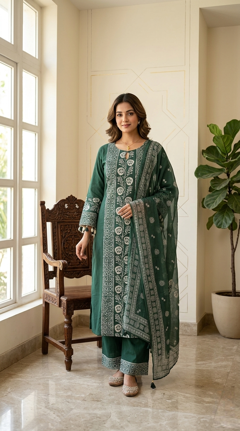 Women Bottle Green White Block Print Floral Medallion Cotton Kurta Pant Dupatta Set