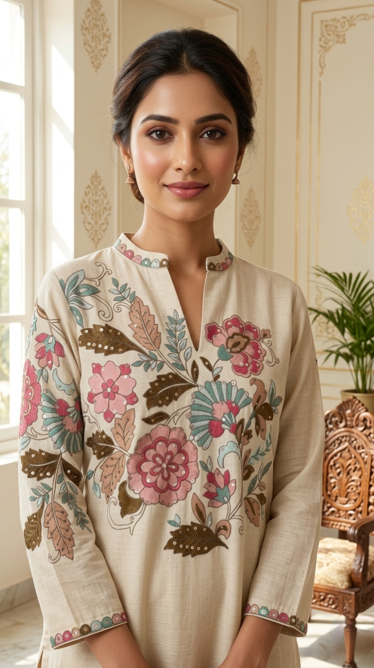 Women Beige Botanical Floral Embroidery Imported Cotton Kurta Pant Set