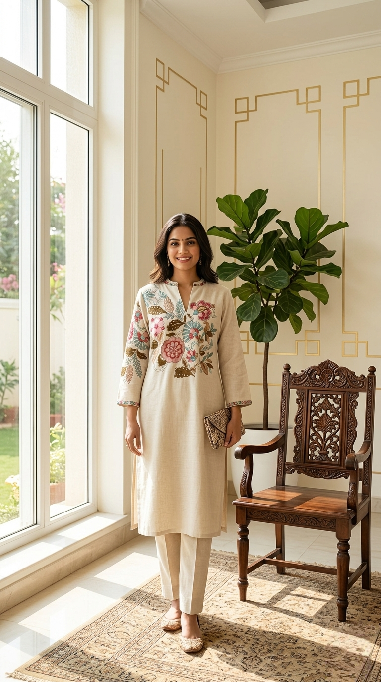 Women Beige Botanical Floral Embroidery Imported Cotton Kurta Pant Set