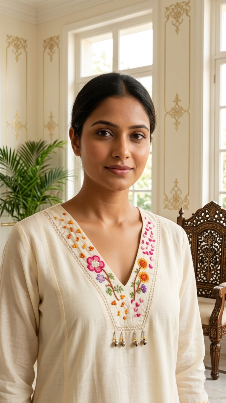 Women Off White Multicolor Floral Embroidery Mul Cotton Kurta Pant Dupatta Set