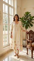 Women Off White Multicolor Floral Embroidery Mul Cotton Kurta Pant Dupatta Set