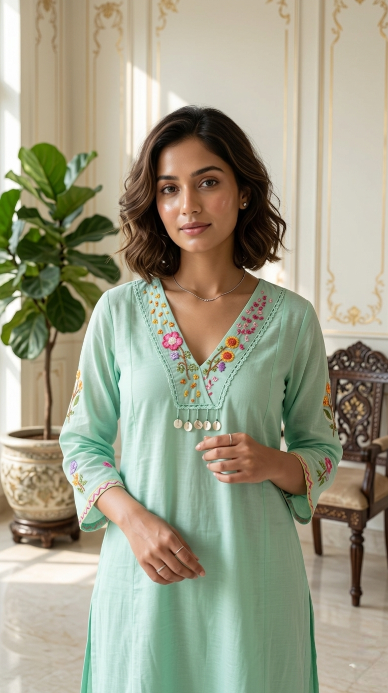 Women Mint Green Floral Embroidery Mul Cotton Kurta Palazzo Dupatta Set