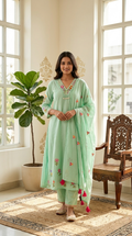 Women Mint Green Floral Embroidery Mul Cotton Kurta Palazzo Dupatta Set
