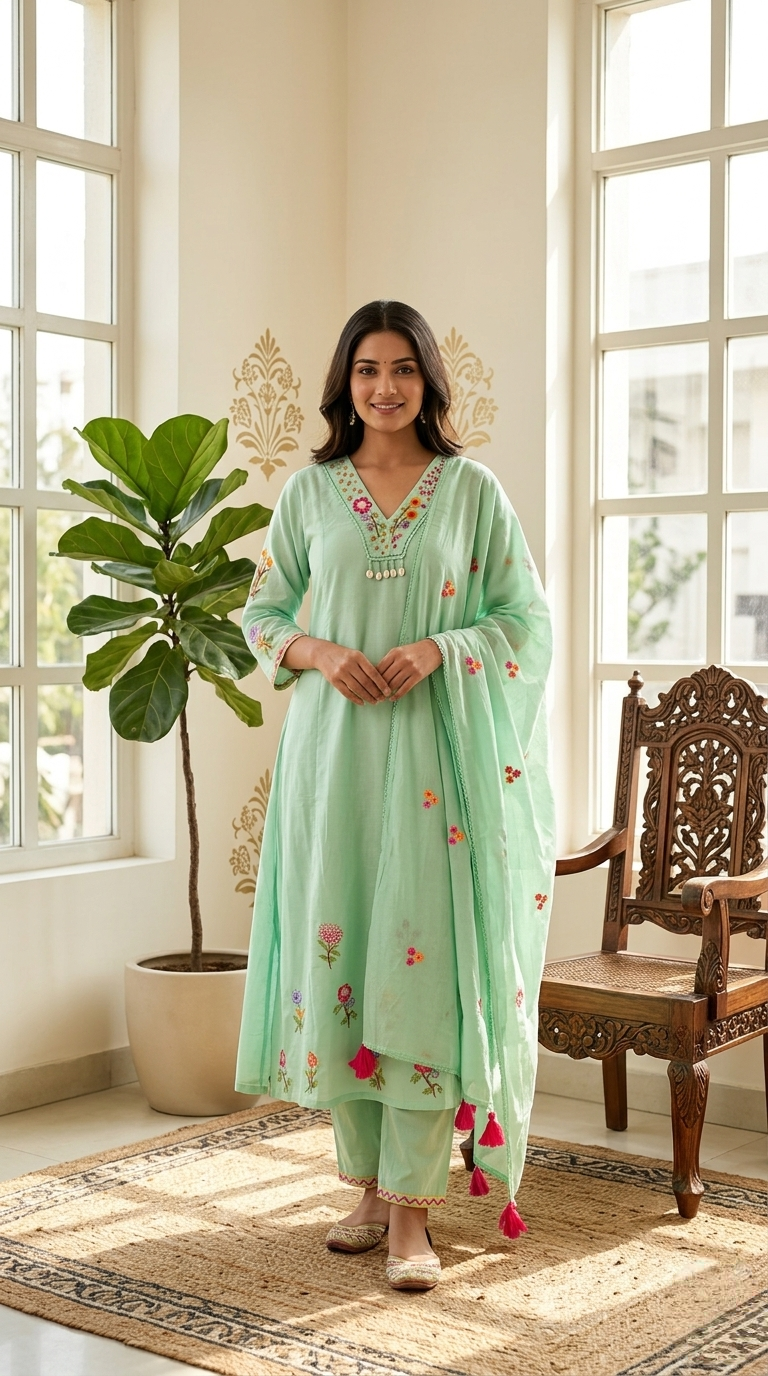 Women Mint Green Floral Embroidery Mul Cotton Kurta Palazzo Dupatta Set
