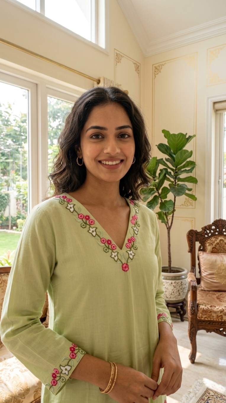 Women Pista Green Floral Embroidery Cotton Kurta Pant Dupatta Set