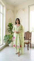 Women Pista Green Floral Embroidery Cotton Kurta Pant Dupatta Set