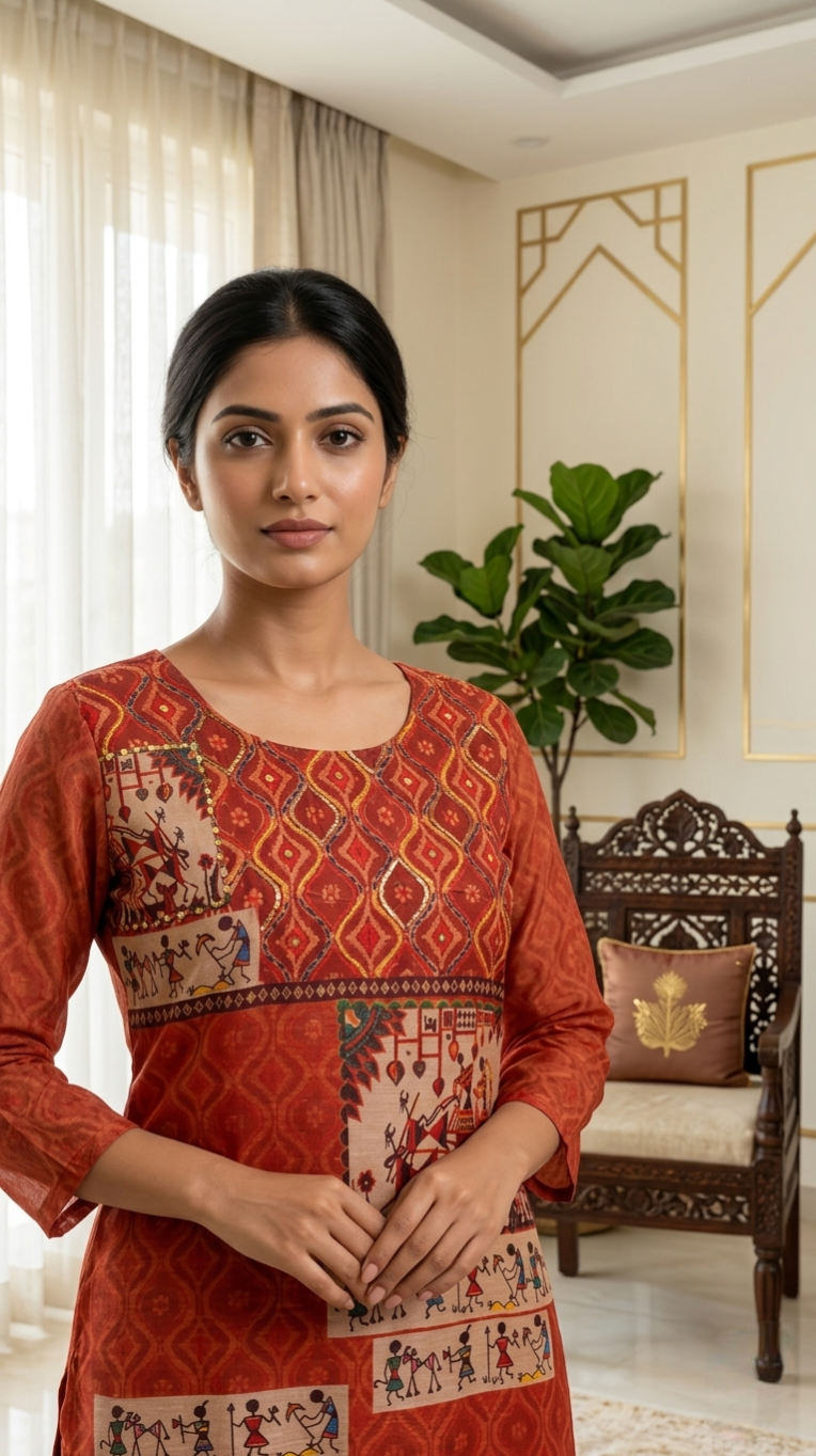 Women Rust Ikat Print Warli Tribal Art Chanderi Silk Kurta Pant Dupatta Set
