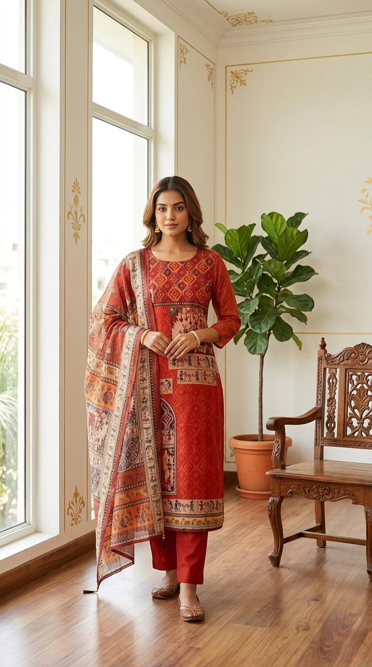 Women Rust Ikat Print Warli Tribal Art Chanderi Silk Kurta Pant Dupatta Set