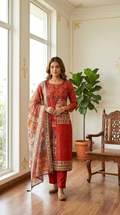 Women Rust Ikat Print Warli Tribal Art Chanderi Silk Kurta Pant Dupatta Set